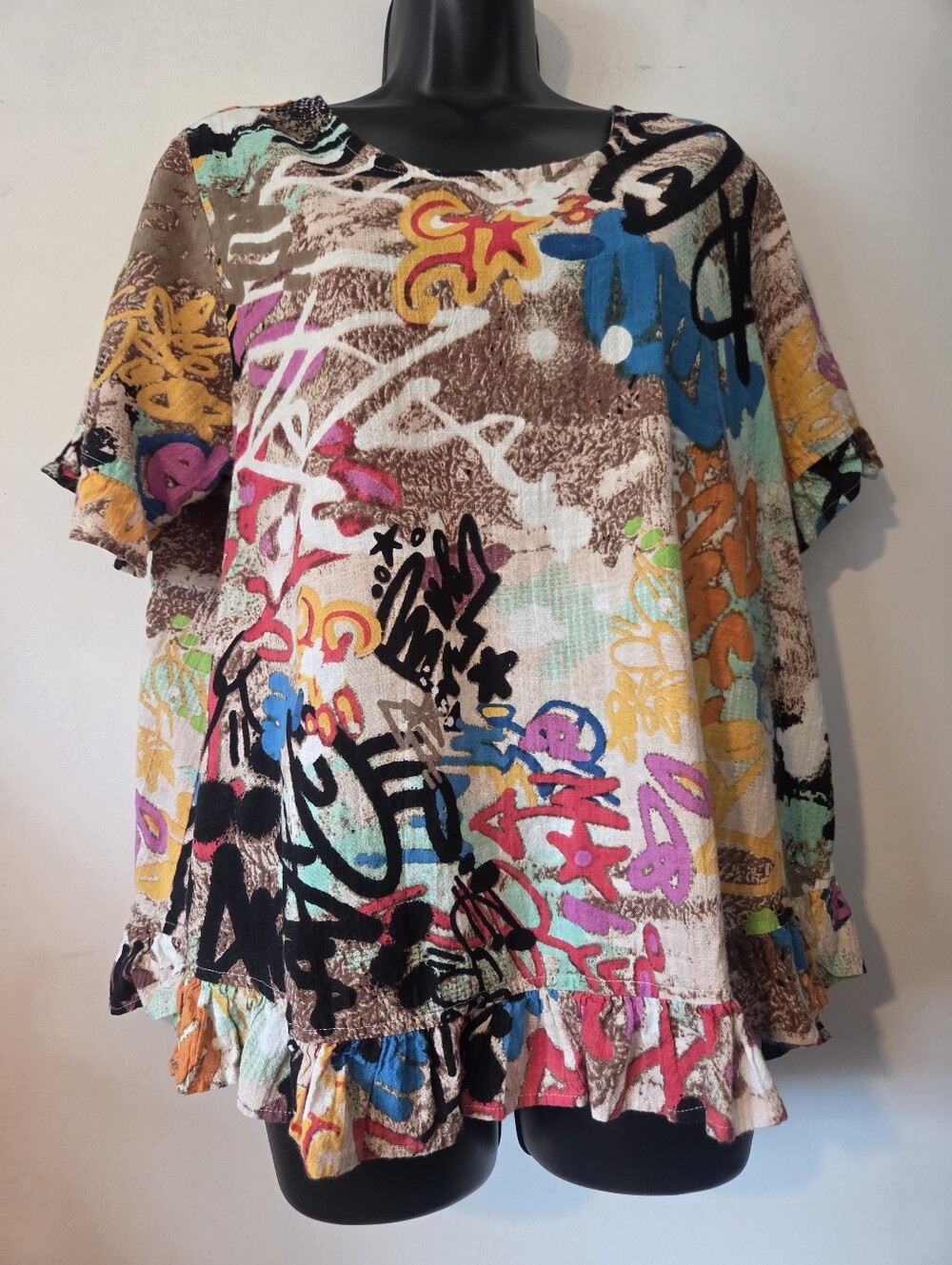 Orientique Organic Cotton Rineia Oversized Graffiti Frill Top
